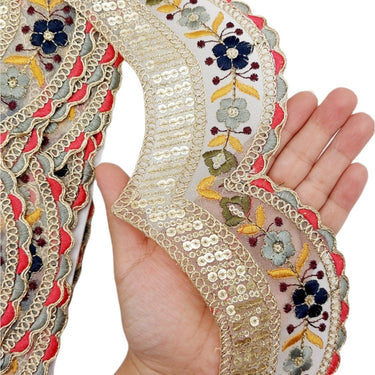 9 Yards Scallop Sequin Floral Border, Beige Shimmer Tissue Fabric Lace Trim Flowers Embroidery, Floral Sari Trimming